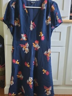 Madewell Navy Floral Midi Dress with Pink & Yellow Blooms